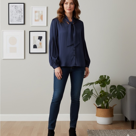 ✨ ANN TAYLOR Deep Navy Silky Tie-Neck Blouse | Chic Workwear - Picture 8 of 8